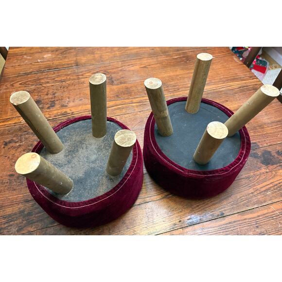 Pair of Matching Red Velvet Foot Stool With Wooden Legs 10.5” tall x 11.5”w - Picture 6 of 8